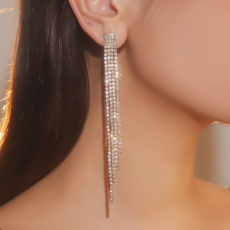 Long Tassel Earrings with Rhinestones Studs